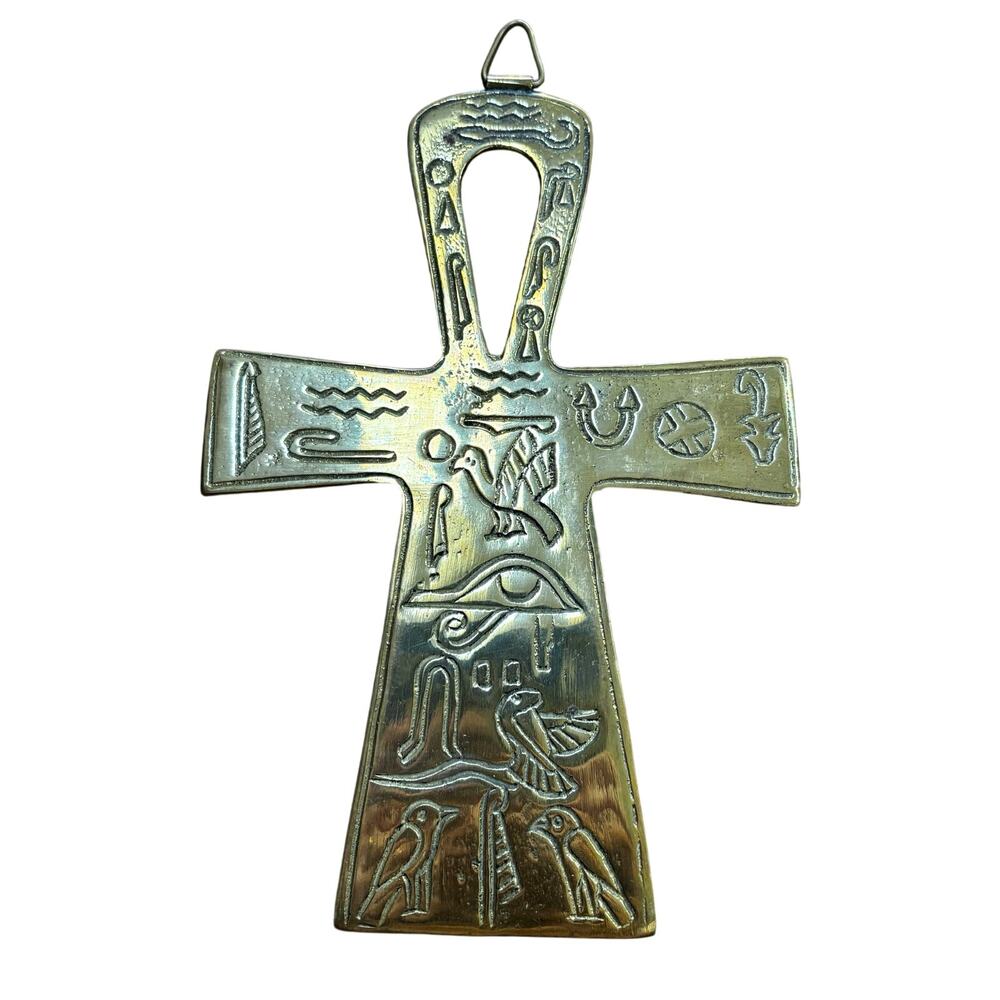 Vintage brass wall decor 70’s Eqyptian Ankh cross of life embossed gold metal